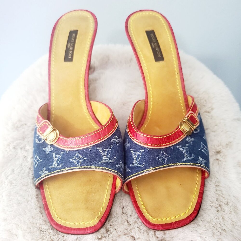 Louis Vuitton Monogram Denim Slide Sandals Red Leather Y2K LV Mule Luxury Size 9 - Picture 3 of 16